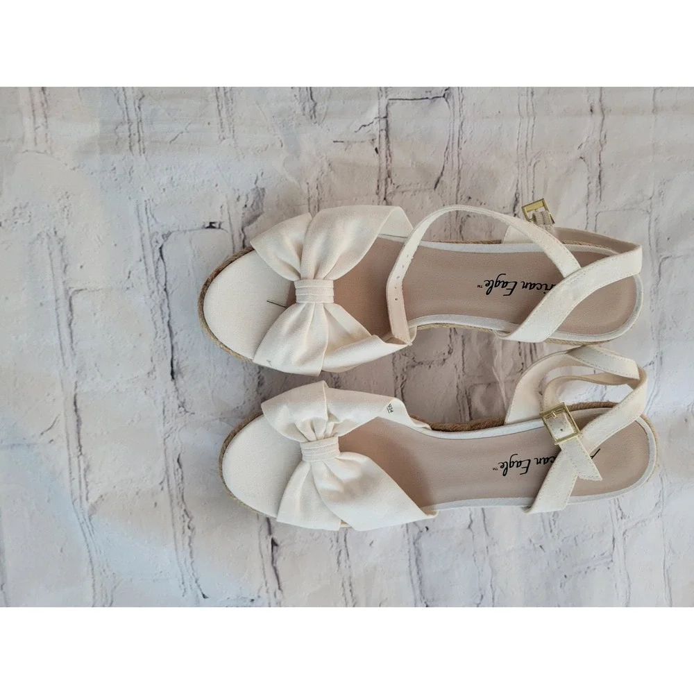 American Eagle Women Cream Canvas Bow Espadrille Wedge Sandals Size 10